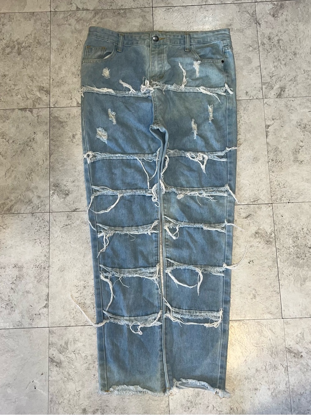 Distressed Light Blue Denim Skirt with Frayed Paneling